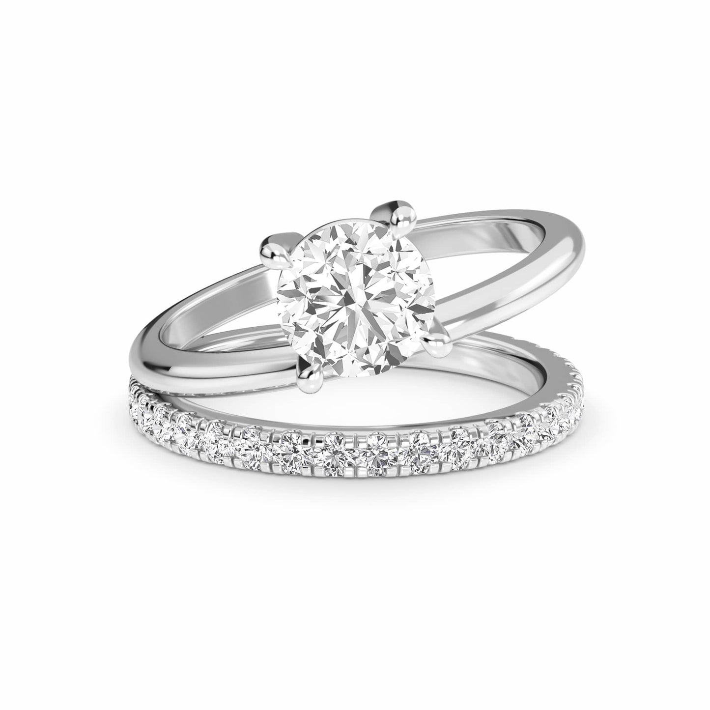 White Diamond Bridal Set with Pave Band Solitaire Engagement Ring - Hehua - 18K White Gold - 0.300 Carat Round Diamond