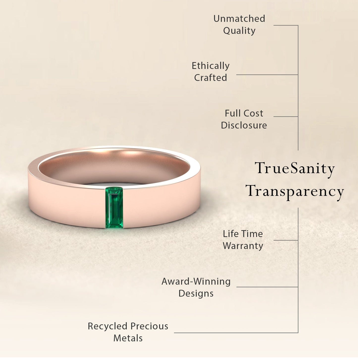 0.15-carat Emerald 4.5mm Men's Band Wedding Ring in 14K Rose gold, hudson style, transparency view