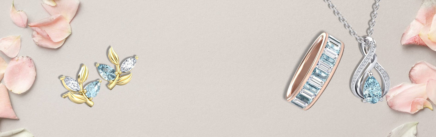 Aquamarine Earring, Ring and Necklace — March birthstone, blue gemstone