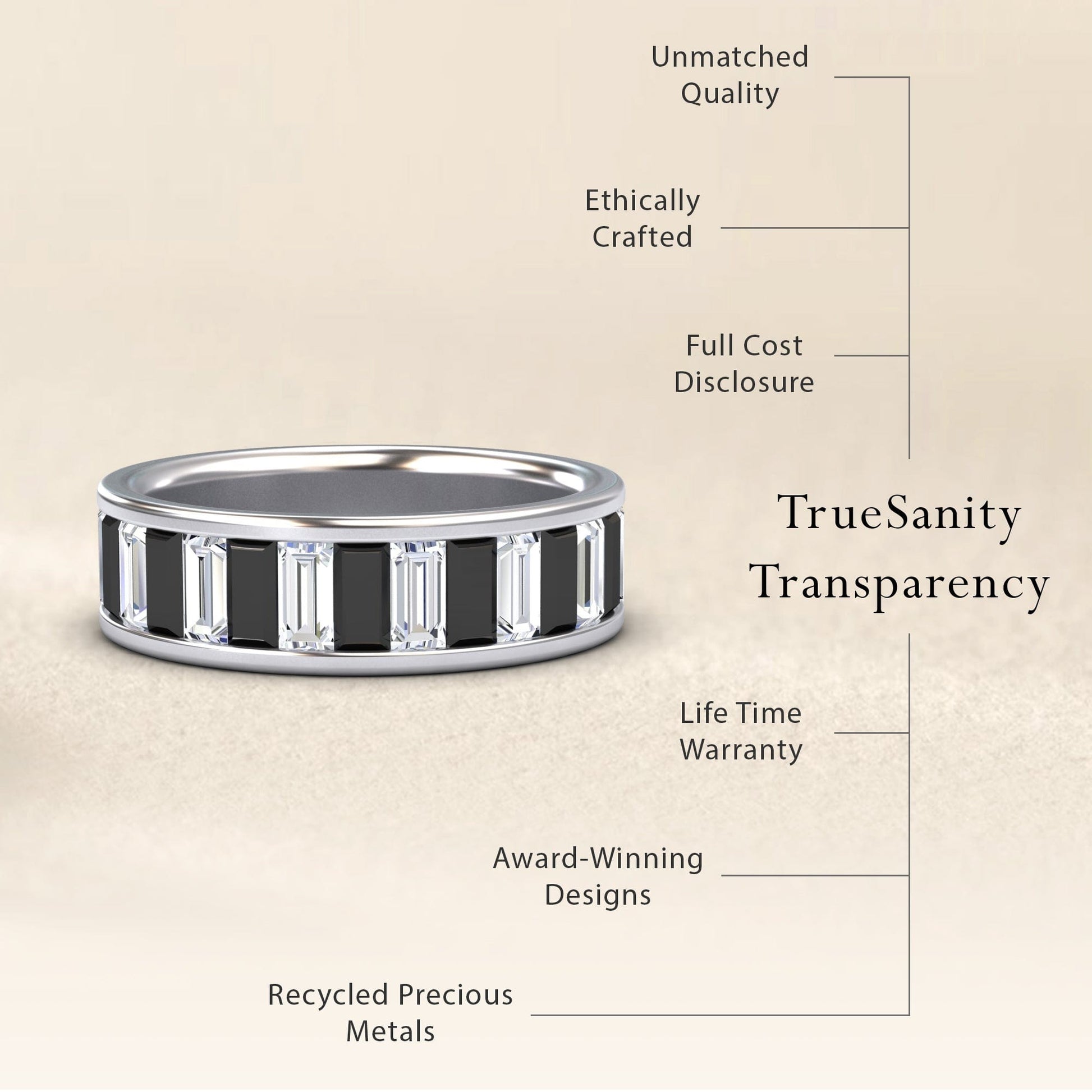 The Kyra Black & White Diamond Channel-Set Eternity Band features alternating rectangular black and clear stones in recycled precious silver, with unmatched quality, ethical craftsmanship, full transparency, a lifetime warranty, and award-winning design.
