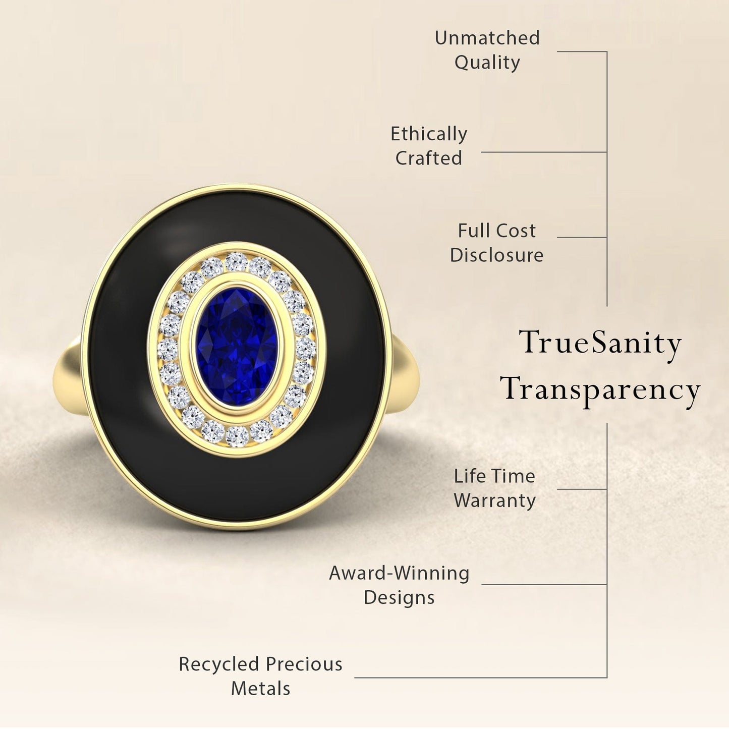 Blue Sapphire & Diamond Black Enamel Halo Ring - Camille