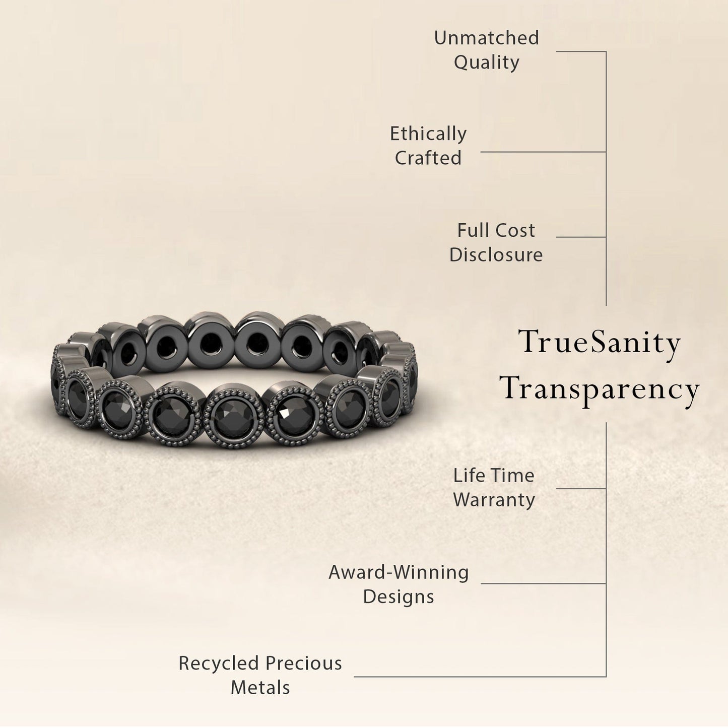 The Black Diamond Milgrain Bezel Set Eternity Band - Ira is shown on a neutral background. Beside it, text notes unmatched quality, ethical craftsmanship, full cost disclosure, a lifetime warranty, award-winning design, and recycled metals.