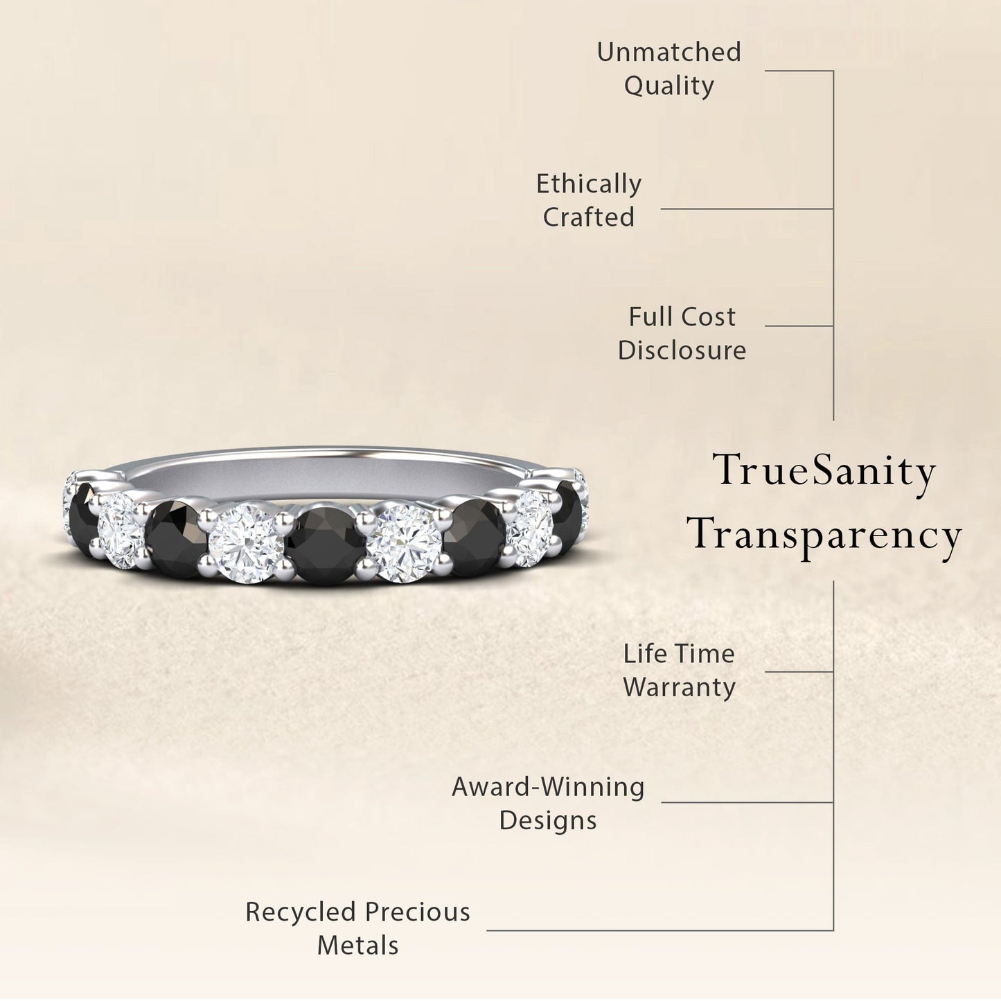The Black & White Diamond Half Eternity Wedding Ring - Parveen is showcased on a beige background, featuring recycled metals, award-winning design, unmatched quality, ethical crafting, full cost transparency, and a lifetime warranty.