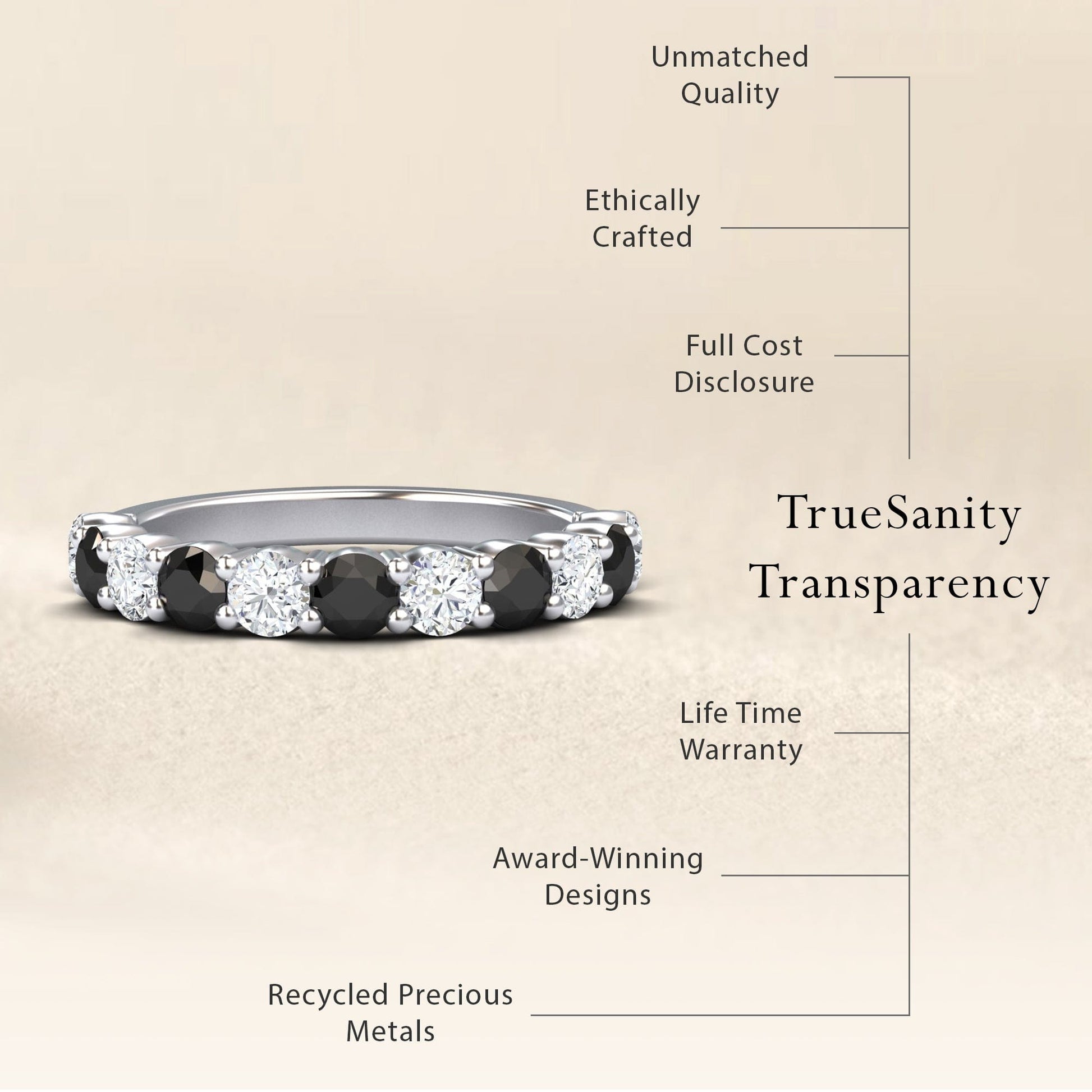 The Black & White Diamond Half Eternity Wedding Ring - Parveen is showcased on a beige background, featuring recycled metals, award-winning design, unmatched quality, ethical crafting, full cost transparency, and a lifetime warranty.