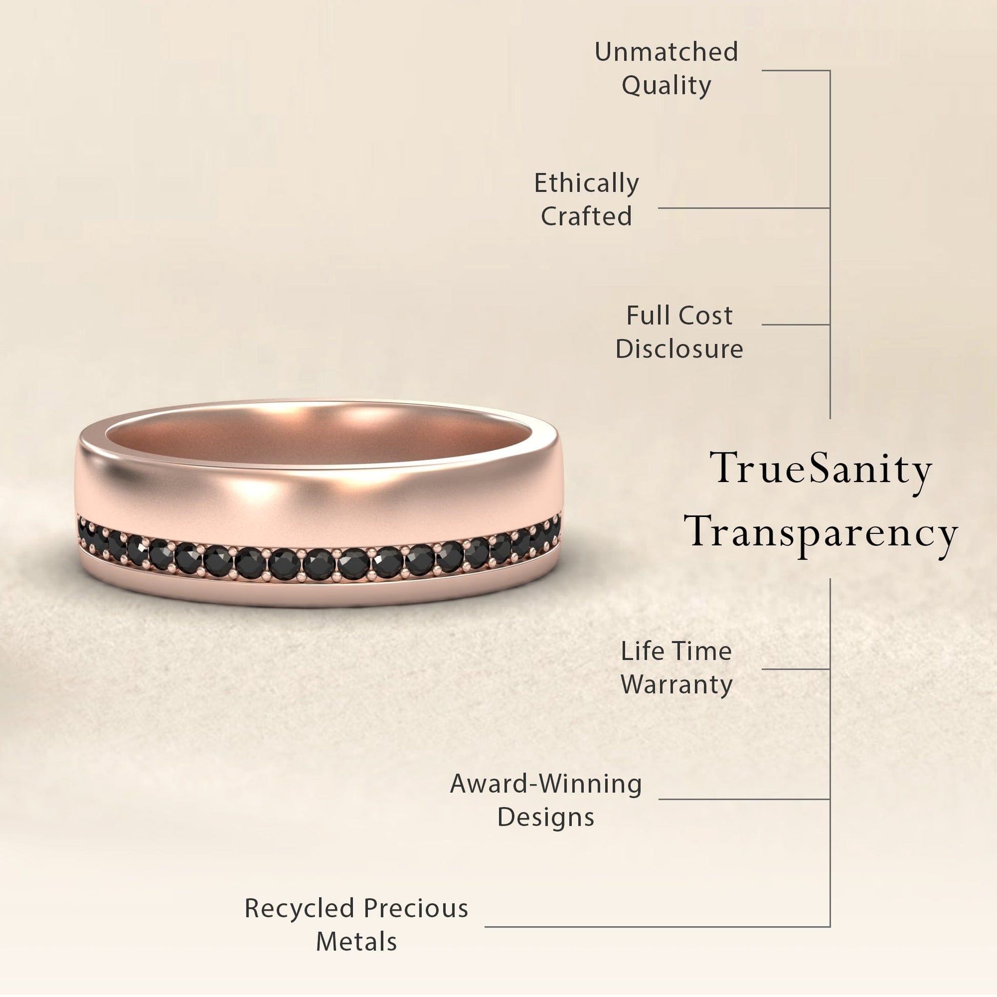 The Mens Black Diamond Channel-Set Wedding Band - Yan is shown in rose gold, featuring a row of black diamonds, ethically crafted with recycled precious metals, full cost disclosure, TrueSanity transparency, lifetime warranty, and award-winning design.