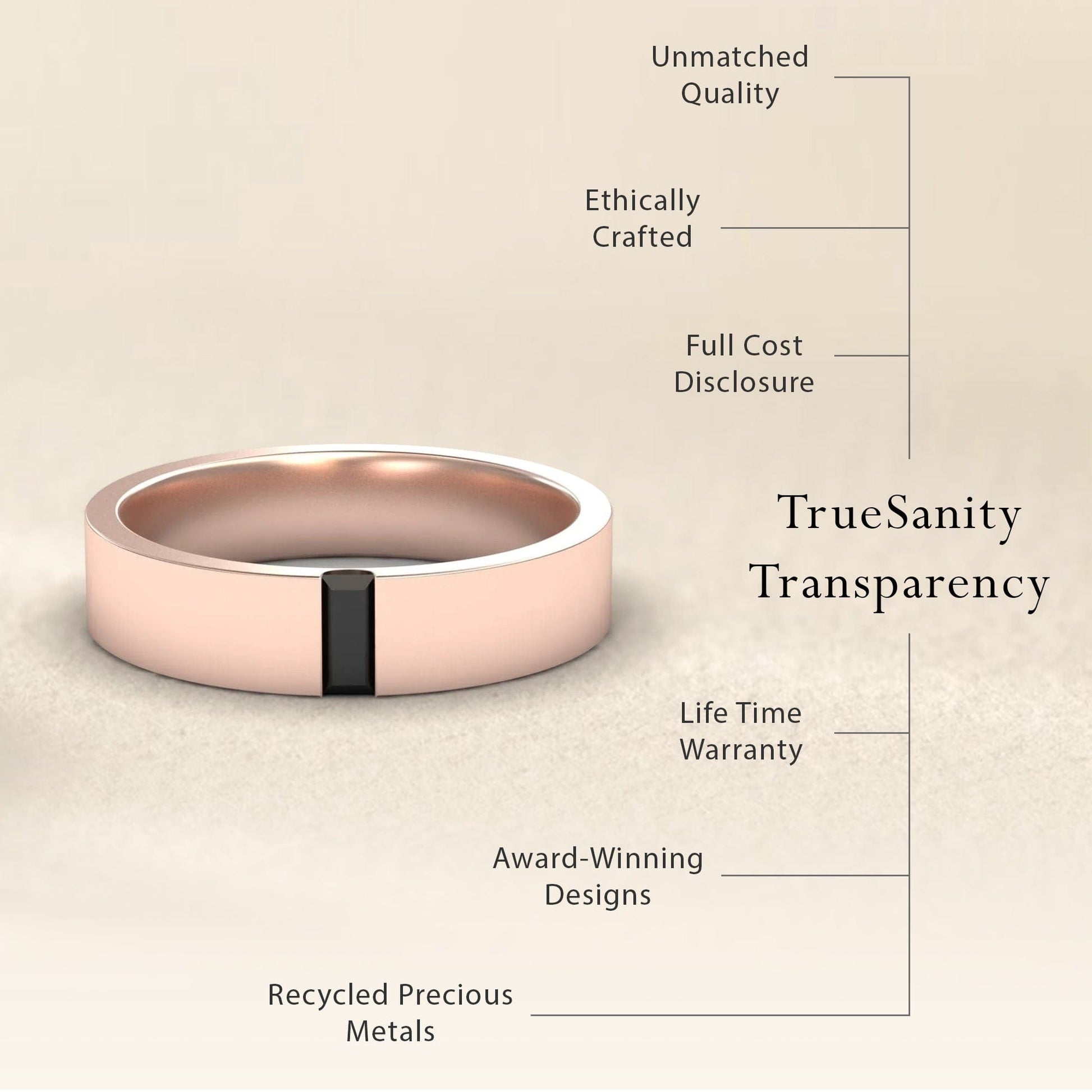 The Black Diamond 4.5mm Mens Band Wedding Ring - Hudson is shown next to text that spotlights unmatched quality, ethical craftsmanship, transparent pricing, a lifetime warranty, award-winning design, and recycled precious metals.