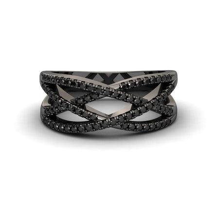 The Black Diamond Criss-Cross Pave Band Ring - Eden features multiple thin black bands set with sparkling black stones in a bold, modern design. Shown on a white background, it’s an elegant statement piece.
