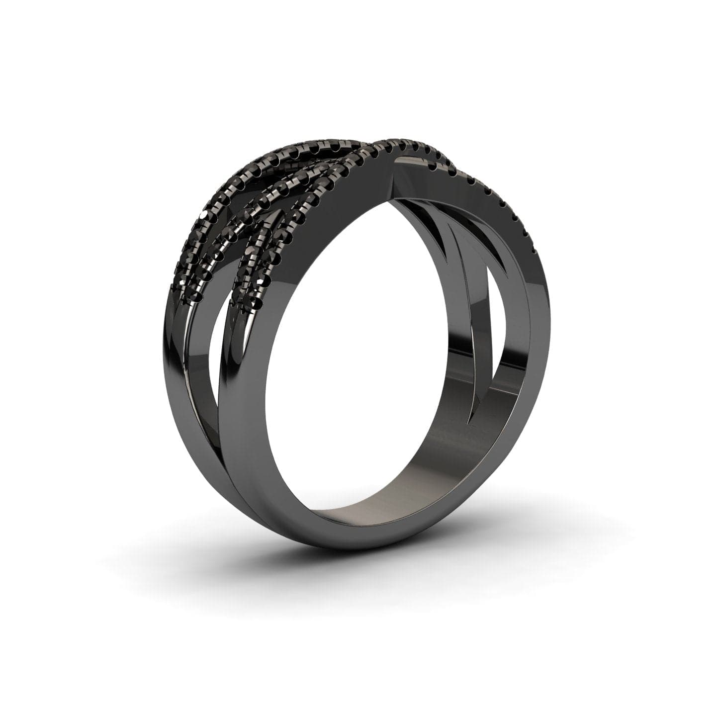 The Black Diamond Criss-Cross Pave Band Ring - Eden is a modern black metal ring with an open, overlapping band and rows of small black stones on one side, shown against a white background.