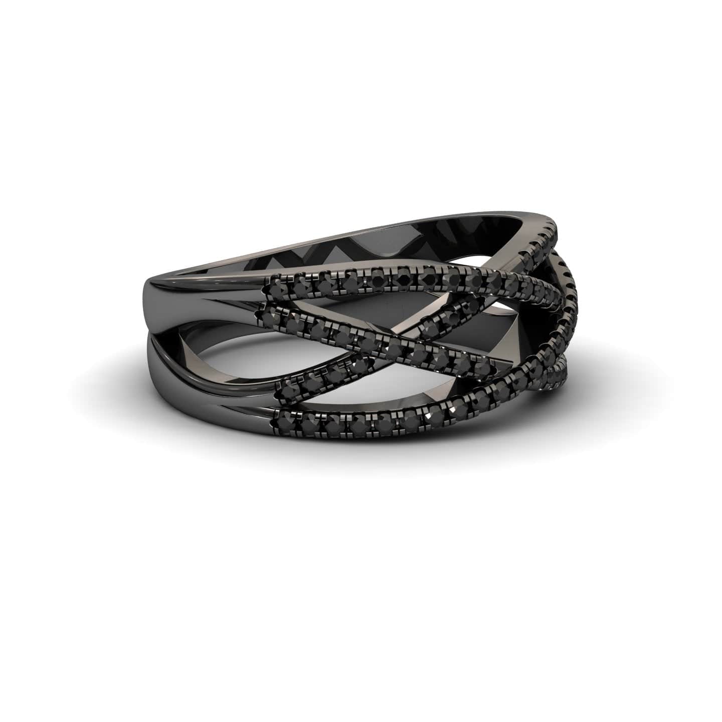The Black Diamond Criss-Cross Pave Band Ring - Eden features interwoven black metal bands with rows of small black stones and a polished, glossy finish.