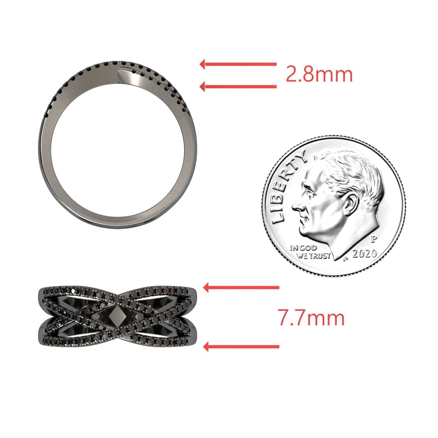 The Black Diamond Criss-Cross Pave Band Ring - Eden is shown from the top and side next to a U.S. dime for scale, with red arrows marking its dimensions: 2.8mm wide and 7.7mm high.