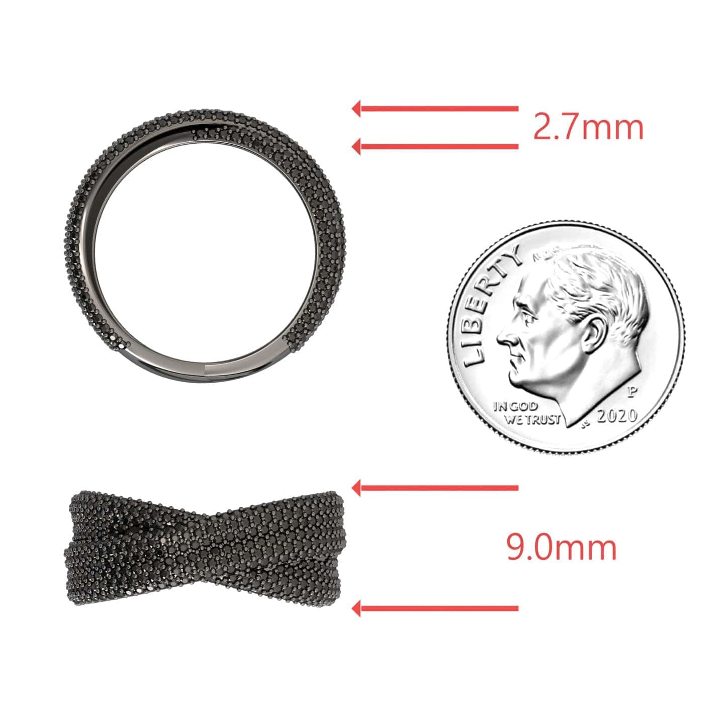 The Black Diamond Pave Crossover Statement Ring - Noor is shown next to a U.S. dime for size, with red arrows marking its 2.7mm width and 9.0mm crossover band height.