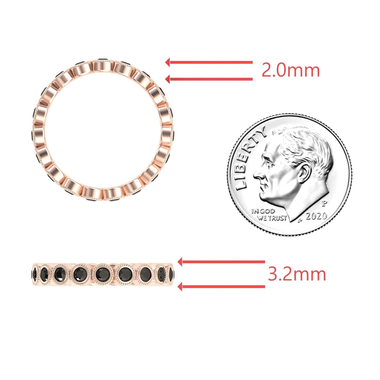 The Black Diamond Milgrain Bezel Set Eternity Band - Ira, a rose gold ring with black stones, is displayed beside a U.S. dime for scale. The ring measures 2.0mm in width and 3.2mm in thickness.