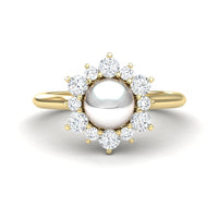 White Akoya Pearl & Diamond Floral Halo Ring - Emily