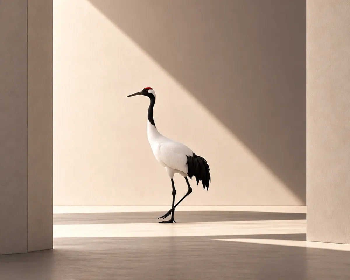 A red-crowned crane walking through sunlit columns