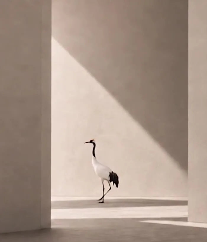 A red-crowned crane walking through sunlit columns