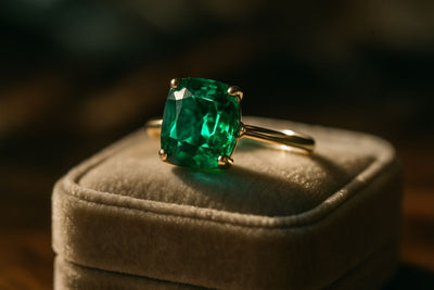 Close-up of an emerald ring sparkling on a velvet jewelry box.