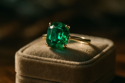 Close-up of an emerald ring sparkling on a velvet jewelry box.