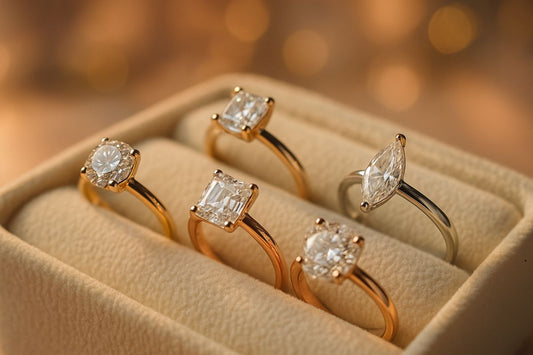 Close-up of elegant engagement rings in different shapes.