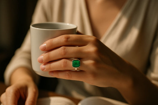 Hand wearing an emerald ring while holding a coffee mug.