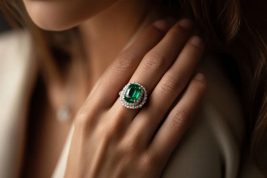 Woman displays hand with emerald ring