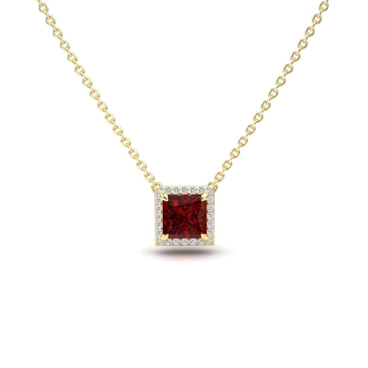 Lab grown ruby and diamond halo necklace in rose gold