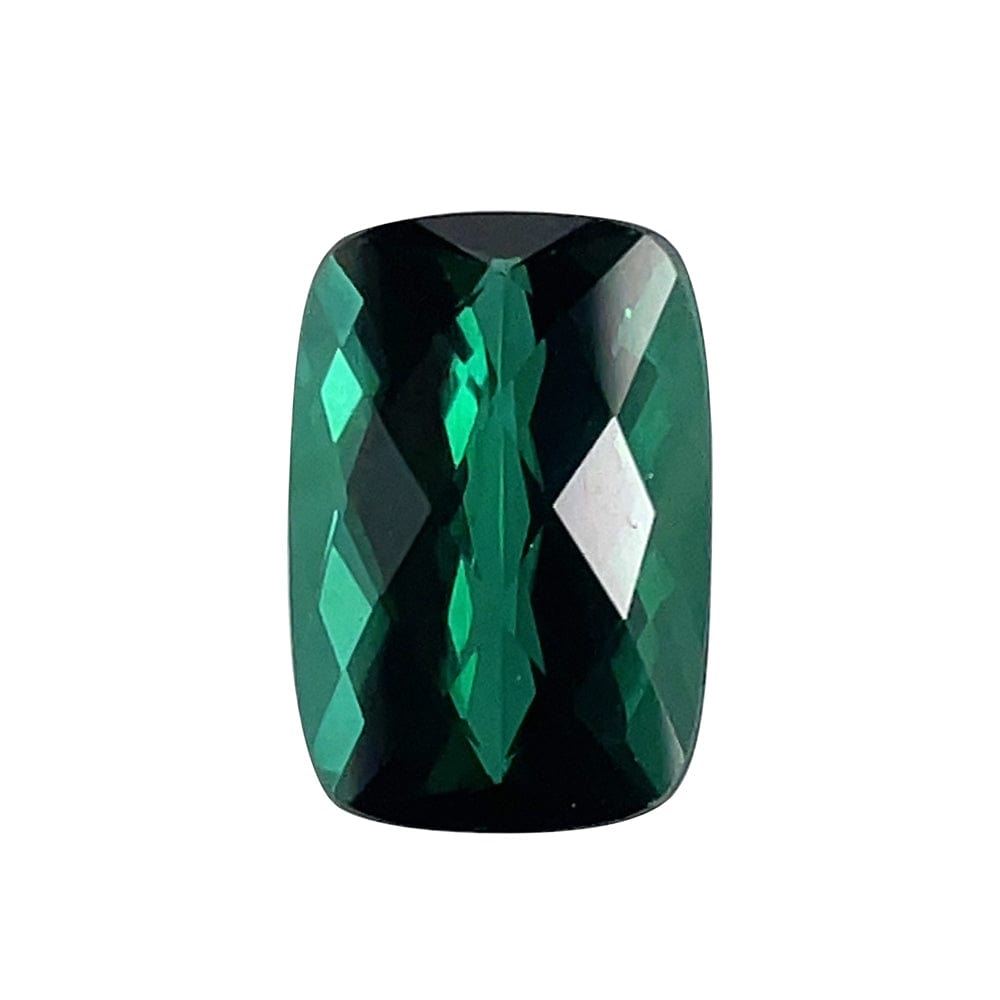 A 6.70-carat cushion checker 14.0x9.5mm green tourmaline gemstone with deep, rich color and faceted, reflective surfaces is displayed against a plain white background.