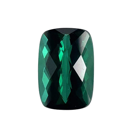 A 6.70-carat cushion checker 14.0x9.5mm green tourmaline gemstone with deep, rich color and faceted, reflective surfaces is displayed against a plain white background.