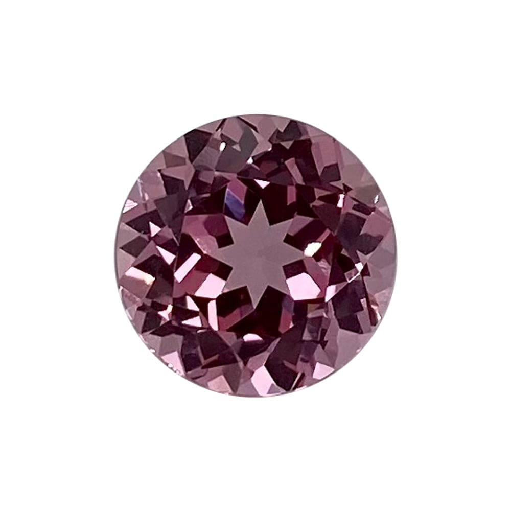 A 10.00-10.00 mm Premium Round Padparadscha, a faceted natural gemstone with a vivid pinkish-purple hue, reflects light to reveal intricate internal patterns against a plain white background.