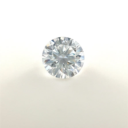 A 5.5mm round white Moissanite is displayed on a plain white background, highlighting its brilliant-cut facets and clear, reflective surface.