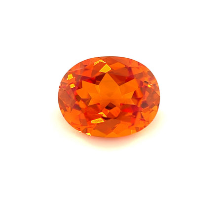 The 10.0x8.0 Exceptional Oval Lab Created Orange Sapphire, featuring a faceted design and vibrant fiery hue, is displayed against a plain white background.