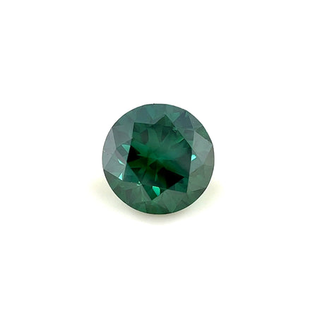 A 1.45 carat round 7mm Premium Forest Green Diamond is displayed on a plain white background, highlighting its faceted brilliant cut and reflective surfaces.