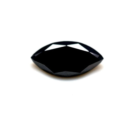 A 2.65-carat marquise-cut premium black diamond (14.0x7.0 mm) is shown on a white background, featuring a glossy surface with reflected light highlights.
