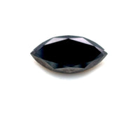 A 2.41 carat marquise 14.0x7.0 premium black diamond with a faceted, elongated shape and pointed ends is displayed on a white background, highlighting the reflective surface and elegance of this natural treated gem.