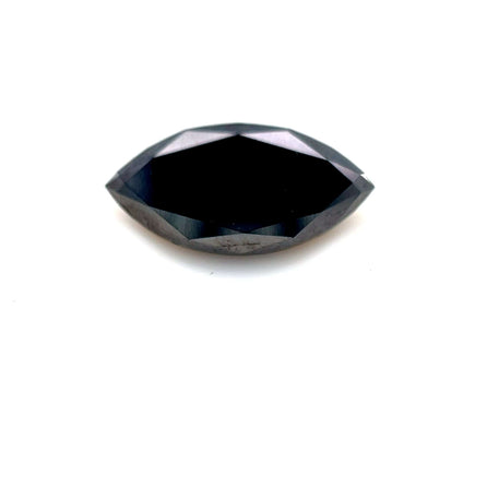 A 2.41 carat marquise 14.0x7.0 premium black diamond with a faceted, elongated shape and pointed ends is displayed on a white background, highlighting the reflective surface and elegance of this natural treated gem.