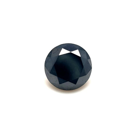 The 2.02 carats round premium black diamond (7.50 x 7.59 x 5.25 mm) features a natural untreated faceted surface, elegantly displayed against a plain white background.