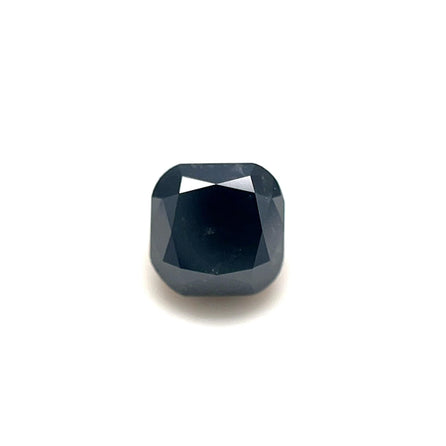 A 2.02 carat Premium Black Diamond with a faceted cushion shape (6.36 x 6.25 x 4.94 mm) is displayed on a plain white background.