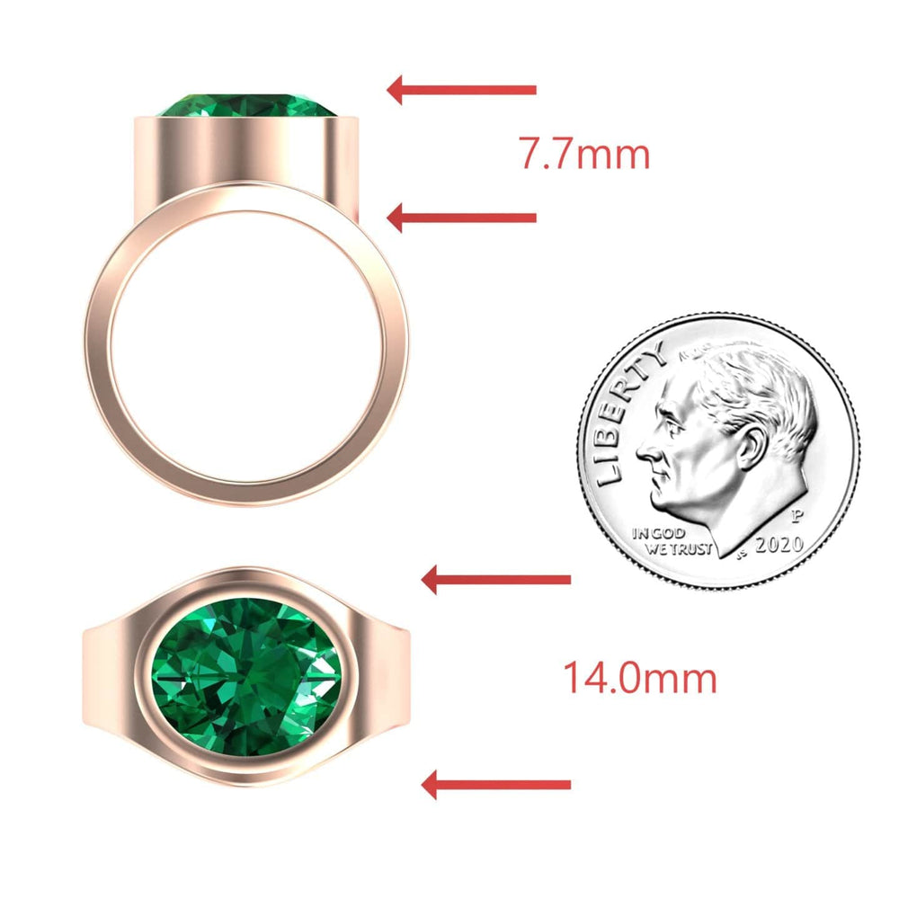 4.59-carat Lab Grown Emerald Bezel Set Solitaire Ring in 14K Rose gold, Ada style, coin view