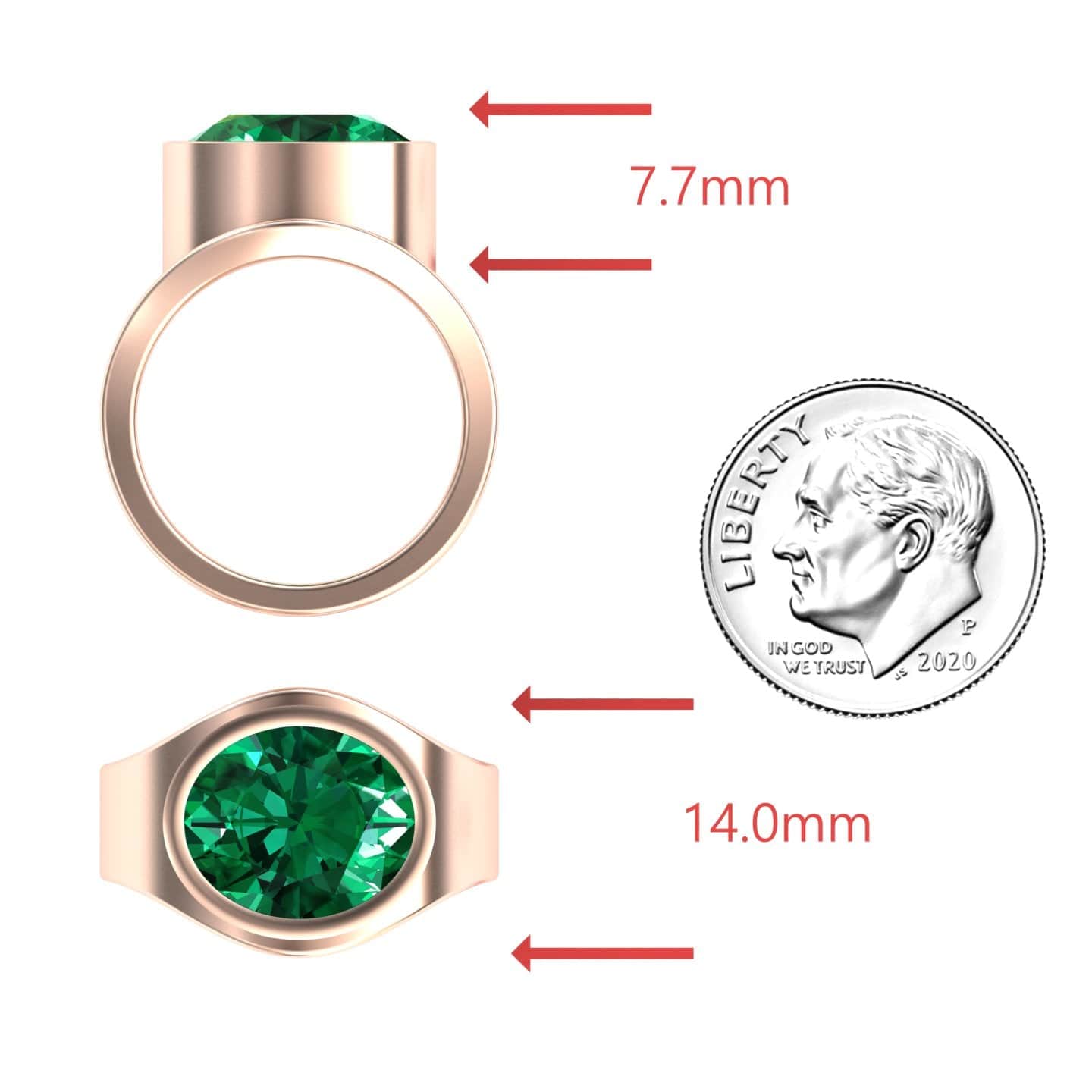 4.59-carat Lab Grown Emerald Bezel Set Solitaire Ring in 14K Rose gold, Ada style, coin view
