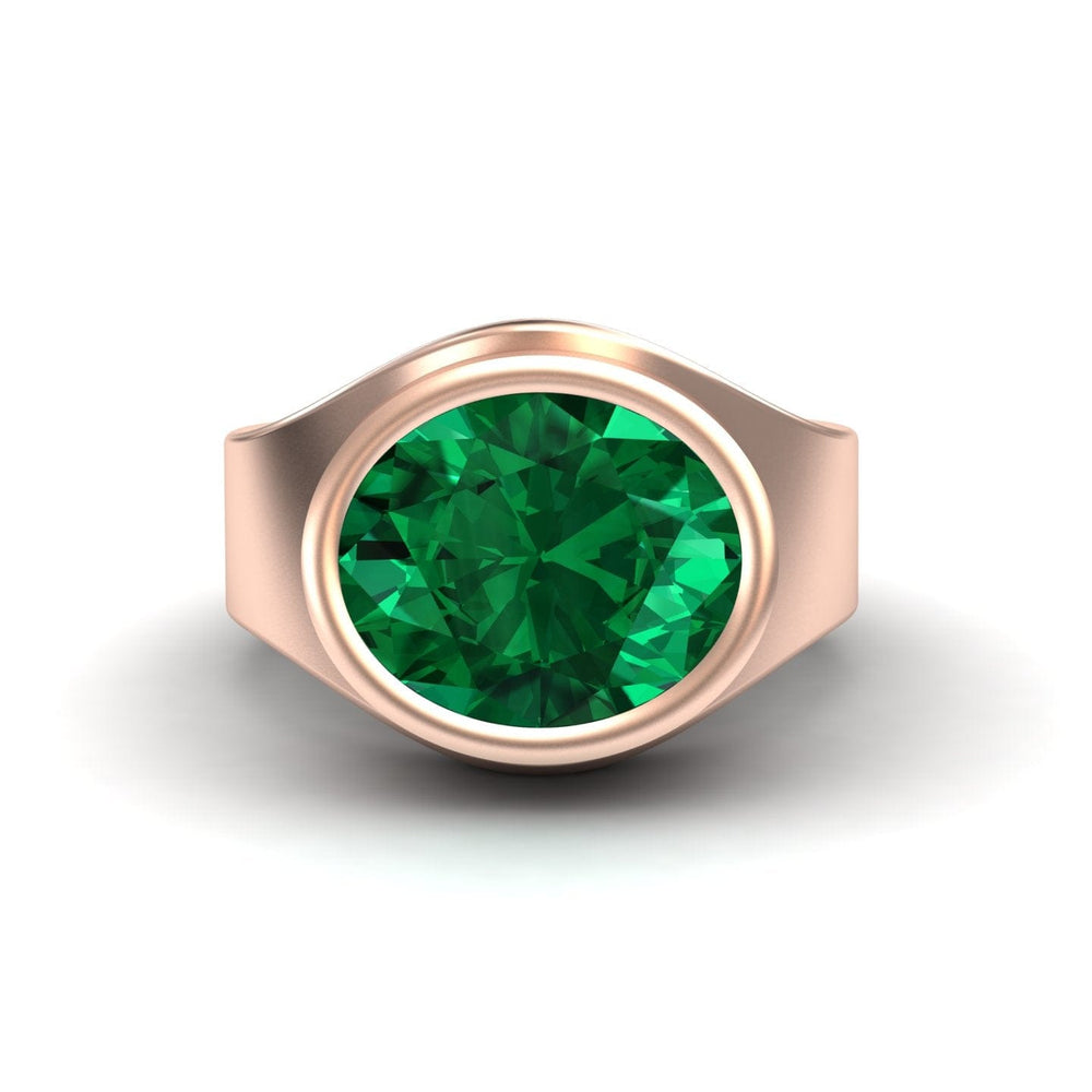 4.59-carat Lab Grown Emerald Bezel Set Solitaire Ring in 14K Rose gold, Ada style, front view