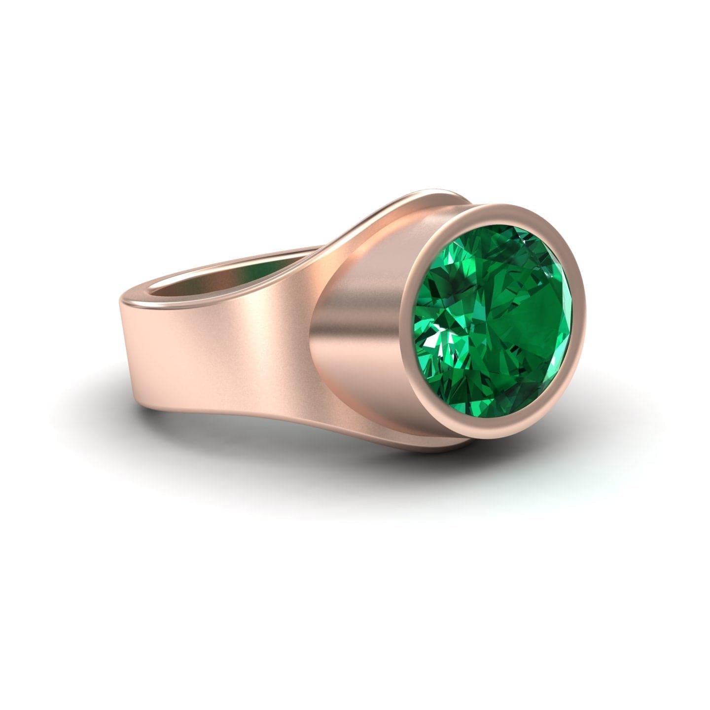 4.59-carat Lab Grown Emerald Bezel Set Solitaire Ring in 14K Rose gold, Ada style, slant view