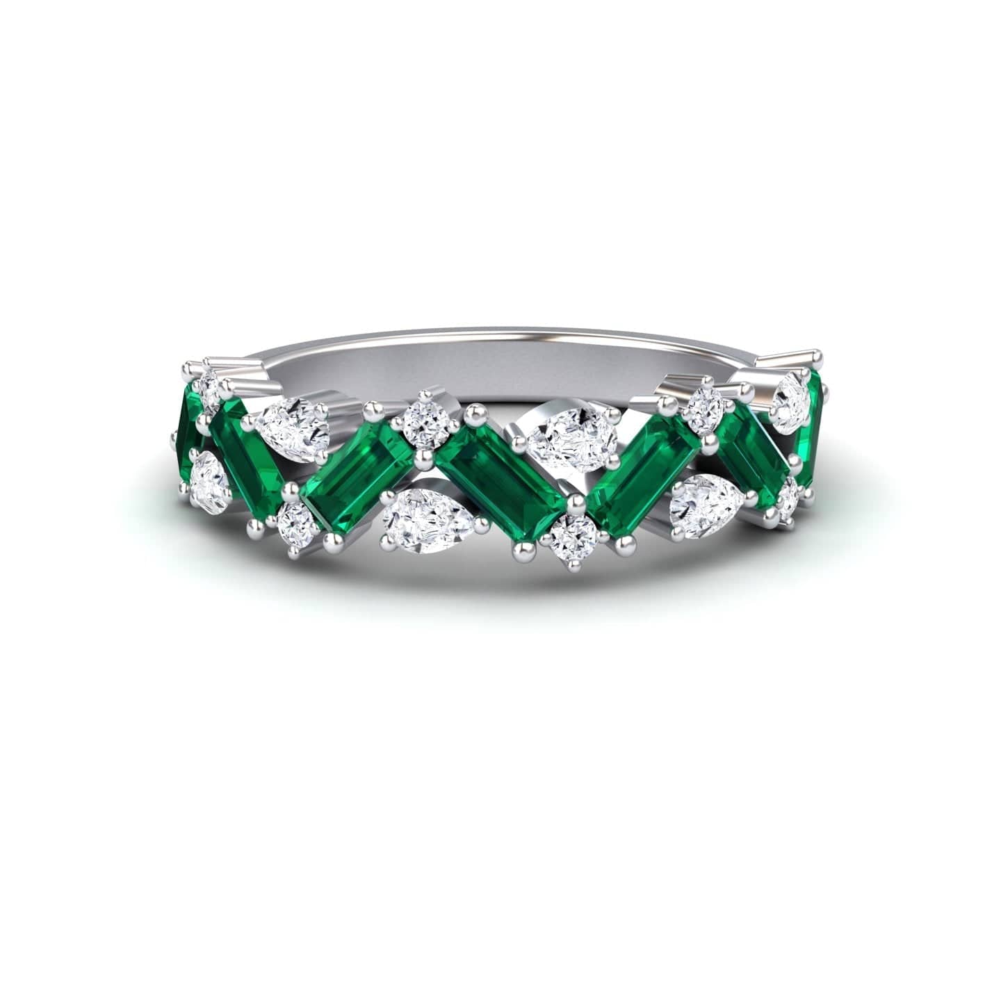 0.91 carat Emerald & Diamond Zigzag Eternity Band in 18K White gold, Aimee style, front view