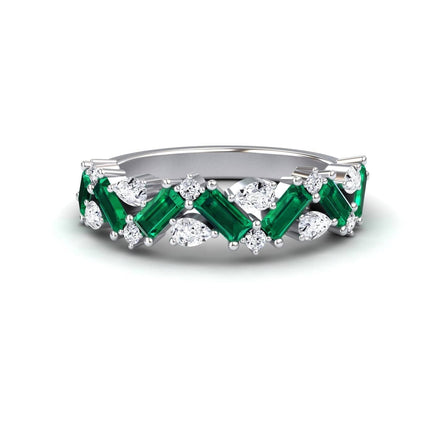 0.91 carat Emerald & Diamond Zigzag Eternity Band in 18K White gold, Aimee style, front view