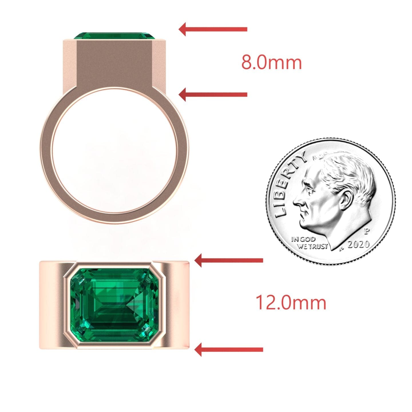 5.28-carat Lab Grown Emerald Statement Ring in 14K Rose gold, Aparna style, coin view