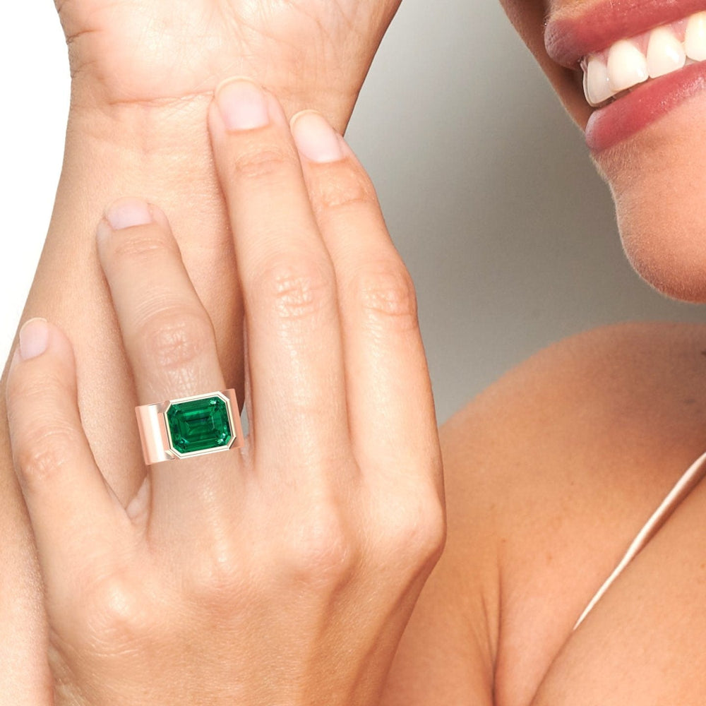 5.28-carat Lab Grown Emerald Statement Ring in 14K Rose gold, Aparna style, hand second view