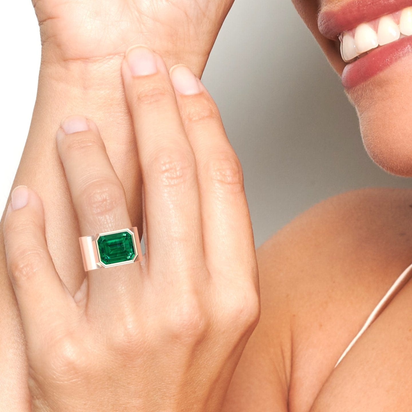 5.28-carat Lab Grown Emerald Statement Ring in 14K Rose gold, Aparna style, hand second view