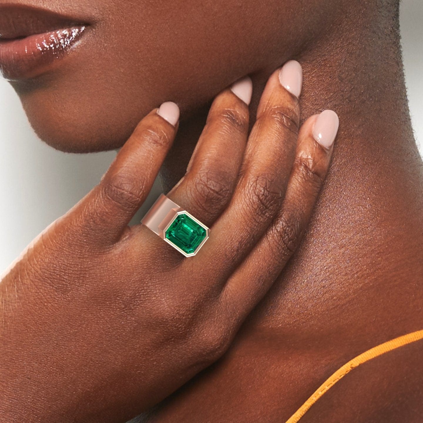5.28-carat Lab Grown Emerald Statement Ring in 14K Rose gold, Aparna style, hand view