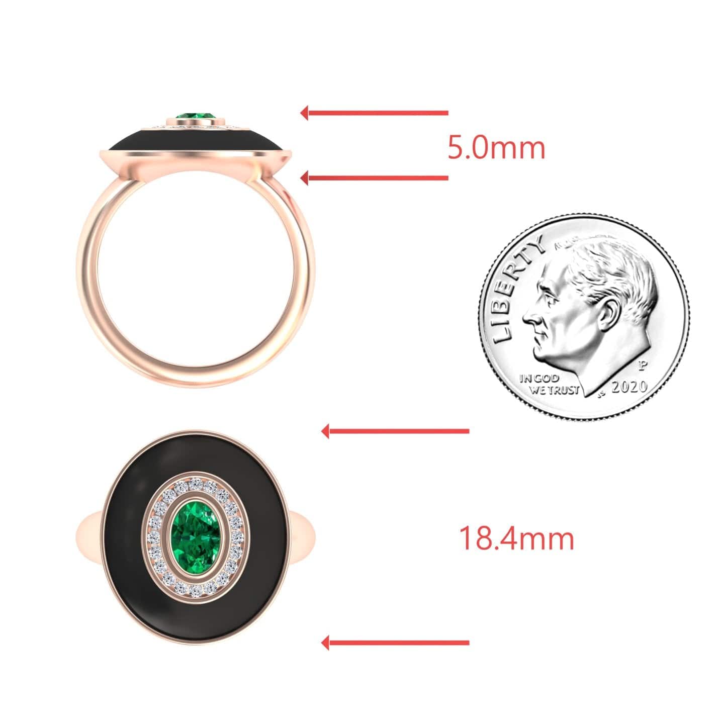 0.48-carat Emerald & Diamond Black Enamel Halo Ring in 14K rose gold, Camille style, coin view