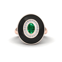 0.48-carat Emerald & Diamond Black Enamel Halo Ring in 14K rose gold, Camille style, front view