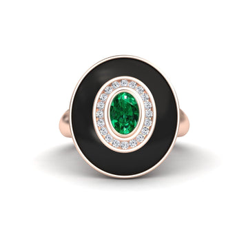 0.48-carat Emerald & Diamond Black Enamel Halo Ring in 14K rose gold, Camille style, front view