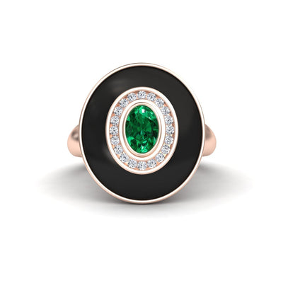 Emerald & Diamond Black Enamel Halo Ring